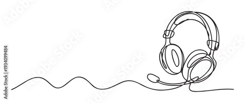 Minimalist one line art representation of a professional audio headset with microphone, perfect for customer service, online gaming, remote conferencing, and virtual communication needs