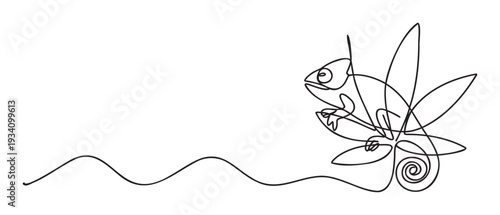 Minimalist single continuous line drawing of a chameleon resting on abstract leaves, perfect for ecofriendly product branding, naturethemed graphic projects, or modern web decorations.