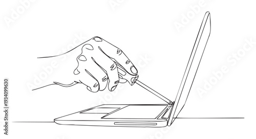 Hand using a screwdriver to fix an open laptop, representing computer repair, maintenance, and technical support services for electronic devices.