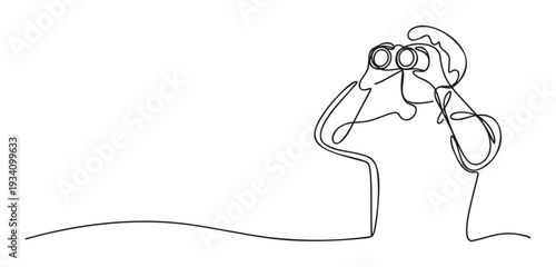 Continuous line drawing of a person looking through binoculars, symbolizing future vision and strategic exploration, perfect for business and educational presentations