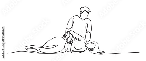 Continuous line drawing of a person giving a comforting massage to another person lying down, ideal for wellness, relationship, or relaxation themed projects and content