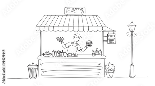 Continuous line drawing of a male food stall vendor preparing and serving fast food items like burgers, hot dogs, and fries, ideal for commercial projects, restaurant menus, or hospitality