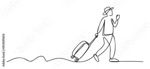 Minimalist single line drawing depicting a traveler pulling a suitcase and checking a device, ideal for travel agency promotions, global tourism campaigns, and modern transportation graphics