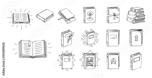 Collection of diverse hand drawn book icons and educational symbols representing knowledge and reading perfect for academic resources and literary themed projects