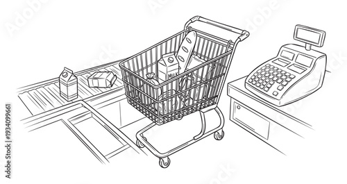 A detailed line drawing captures the everyday experience of grocery shopping, featuring a cart full of items at a checkout counter with a cash register, suitable for retail and consumer