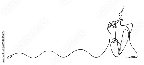 Minimalist continuous line drawing depicting a woman applying lipstick with elegant simplicity, perfect for beauty product advertising, cosmetic branding, and feminine lifestyle content.