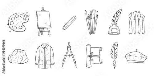 Collection of hand drawn artist tools and supplies for creative projects and educational materials, featuring painting, drawing, writing, and sculpting equipment