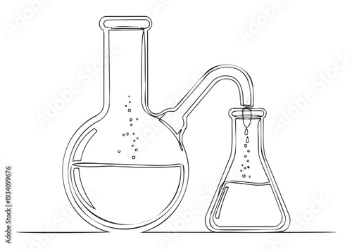 Scientific chemistry laboratory glassware setup illustrating a liquid distillation process with bubbles in a boiling flask and drips collecting in a receiving flask, ideal for educational