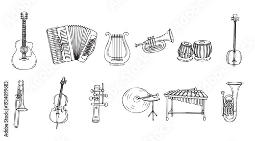 A comprehensive collection of diverse musical instruments, including string, brass, percussion, and wind types, depicted in a clear line drawing style, perfect for educational content and
