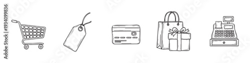 Shopping icons for commercial applications, including a retail cart, price tag, credit card, gift bag, and cash register for ecommerce or point of sale system branding.