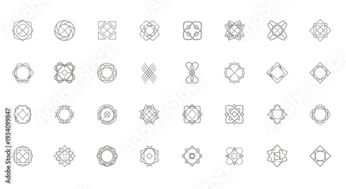 Collection of minimalist geometric patterns and design elements arranged on a white background