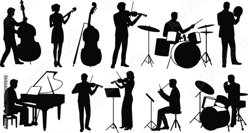 Silhouettes of musicians playing instruments, orchestra band, pianist, violinists, drummers, cellists, musical performance, classical music, concert, live music, music group, artistic expression.