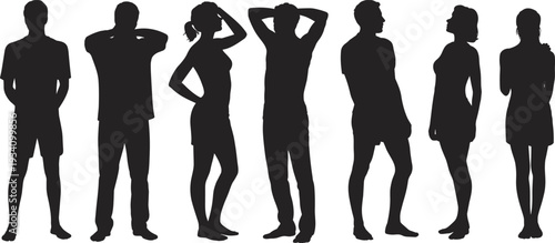 Silhouettes of people standing in various poses, male and female figures, human shadow art, diverse body language, group illustration, isolated vector