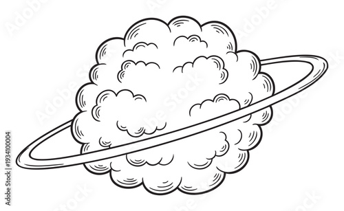 A stylized fluffy celestial sphere with a prominent ring, perfect for educational materials, childrens books, and graphic designs portraying space or unique planetary objects.