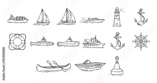 A diverse collection of handdrawn marine and nautical themed objects including various ships boats submarines and sea navigation tools perfect for maritime transport and ocean adventure