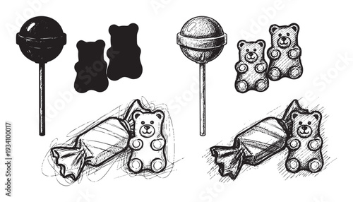 A delightful collection of handdrawn lollipops, gummy bears, and wrapped candies perfect for confectionery themes, childrens events, or sweet treat graphic designs