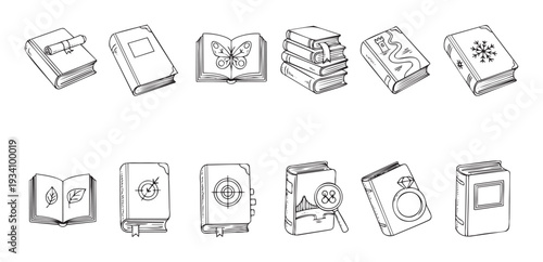 Assortment of hand drawn line art book symbols illustrating diverse themes such as knowledge, adventure, nature, and romance, ideal for publishing related web graphics or application user