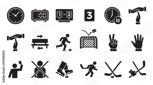 Comprehensive collection of ice hockey game rules, equipment, and player actions presented as simple visual glyphs for sports media applications