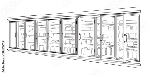 Supermarket grocery store freezer section line drawing showcasing multiple glassdoor refrigerated display cases filled with various food packages and products, suitable for retail business