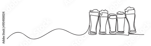 Abstract continuous line art featuring a row of different beer glasses topped with foamy beverages, ideal for modern restaurant decor, pub advertising, or event marketing materials.