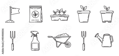 Comprehensive set of gardening and planting tools and supplies, perfect for creating instructional materials, horticultural presentations, or educational resources for plant care and growth.