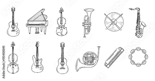 Comprehensive collection of hand drawn musical instruments for music education, live entertainment events, and various graphic design projects.
