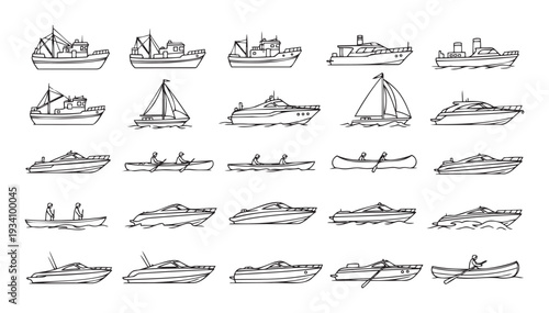 A comprehensive collection of hand drawn outlines depicting various types of boats and ships, ideal for marine themed graphics, educational resources, and transport illustrations.