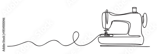 Elegant single line drawing of a sewing machine with a flowing thread, ideal for tailor shop decor, craft business branding, textile workshop advertisements and handmade clothing promotion.