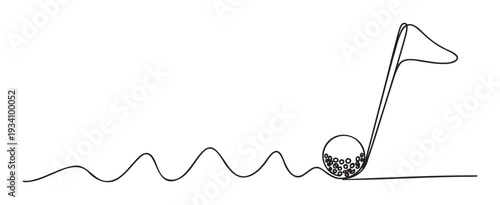 A minimalist continuous line drawing depicting a golf course with a ball approaching the hole and flag, suitable for sports promotions, event invitations, or golfrelated visual content.