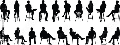 Silhouettes of men and women sitting on chairs and stools in different postures, poses, conversations, body language, and seated interaction scenes