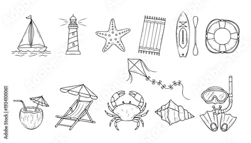 Hand drawn summer and beach vacation elements featuring sailboat, lighthouse, starfish, diving gear, and crab for holiday travel promotions and graphic design projects.