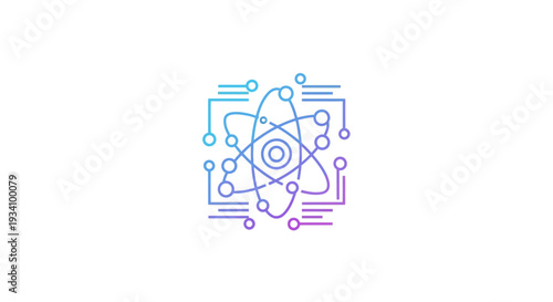 Conceptual illustration depicting atomic structure integrated with circuit board elements