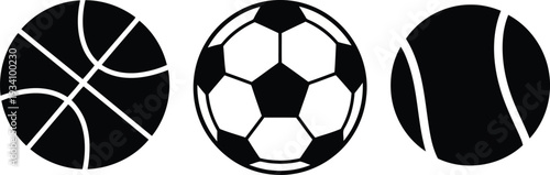 Black and white icons of basketball soccer and tennis balls