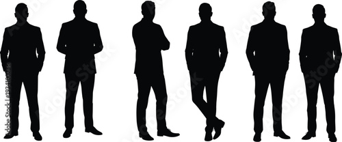 Silhouettes of men in business suits, professional group standing, confident posture, formal attire, corporate teamwork, leadership concept, isolated white background