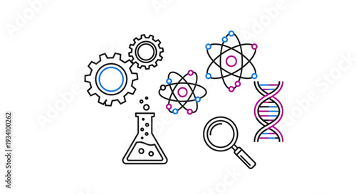 Conceptual scientific illustration featuring gears molecules dna strands and a magnifying glass