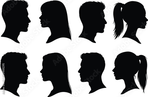Silhouettes of male and female profiles facing each other, vector black heads, side view portraits, diverse hairstyles, gender identity concept