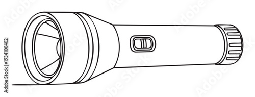 Black outline drawing of a classic portable flashlight, a reliable lighting tool for outdoor activities and emergency preparedness, useful for diagrams and instructional graphics.