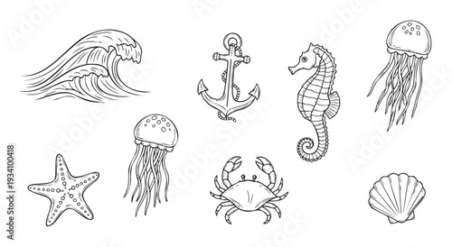 Various sea creatures and nautical symbols including waves, anchor, seahorse, jellyfish, starfish, crab, and shell for summer holiday branding or underwater adventure decorations.