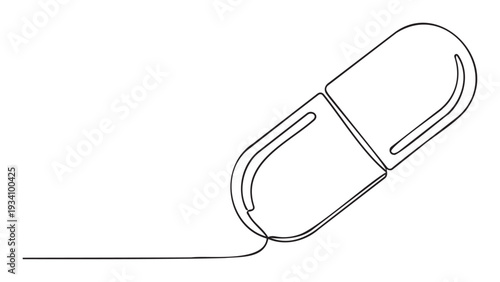 Minimalist continuous line drawing of a medical capsule pill, perfect for pharmaceutical promotions, healthcare websites, or wellnessthemed graphic projects.