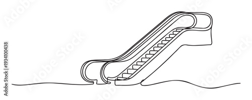 Simple continuous line drawing of a modern escalator moving people between levels, perfect for architectural plans or shopping mall facility guides and transportation graphics