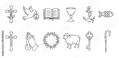 Collection of hand drawn Christian and peace symbols including crosses, a dove, bible, chalice, anchor, fish, praying hands, crown of thorns, lamb, key, and shepherds staff for spiritual