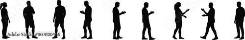 Silhouettes of people talking, arguing, thinking, walking, standing, communication gesture pose, casual clothing, male and female vector illustration