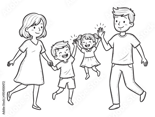 Cheerful parents and their two kids, a boy and a girl, walking hand in hand and highfiving, ideal for content related to happy households, family activities, and bonding moments