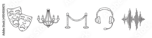 Line art collection featuring expressive theatre masks, an elegant chandelier, luxurious stanchions with rope, a headset with microphone, and an audio sound wave for entertainment and event