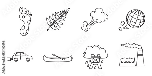 Line icons set showcasing environmental impact, featuring carbon footprint, factory emissions, global warming, and sustainable alternatives, perfect for ecological awareness and educational