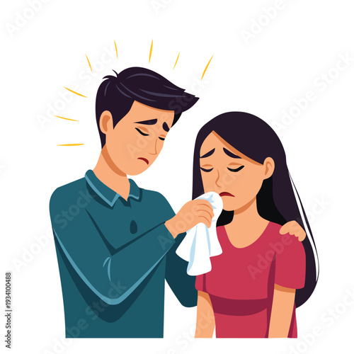 Man comforts woman with tissue expressing empathy