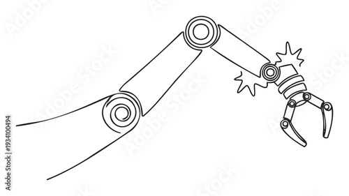 A continuous line drawing illustrating an advanced industrial robotic arm with a gripper, perfect for showcasing automation, technology, manufacturing, and future innovation in various