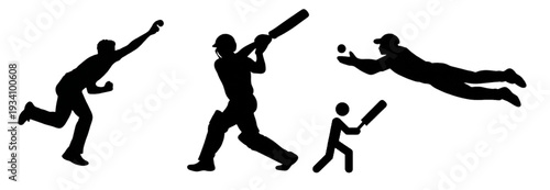 Dynamic Cricket Silhouette: Dynamic silhouette showcasing essential cricket actions, capturing the essence of the game.