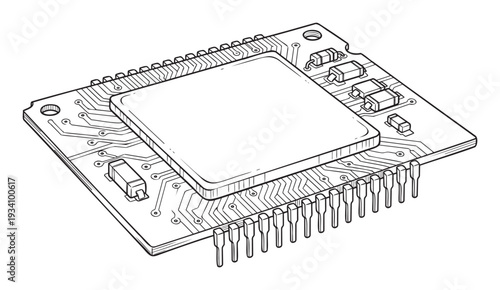 Detailed black and white line drawing of a microchip on a printed circuit board with electronic components and connection pins, useful for technology education and electronic hardware