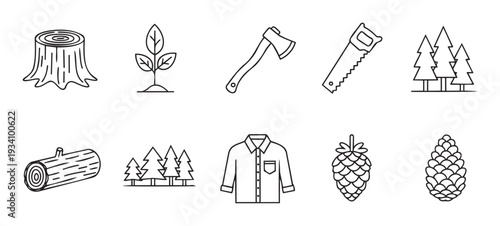 Modern line icons representing forestry and logging operations, including essential elements like trees, tools, lumber, and protective apparel, ideal for environmental and outdoor themed